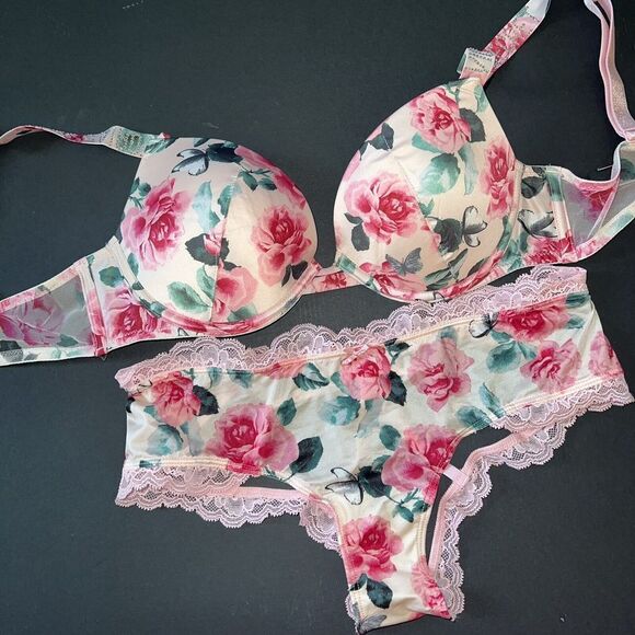 Victoria's Secret 34B,34D BRA SET S Panty Lot floral satin PINK rose SHINE STRAP - Picture 7 of 7